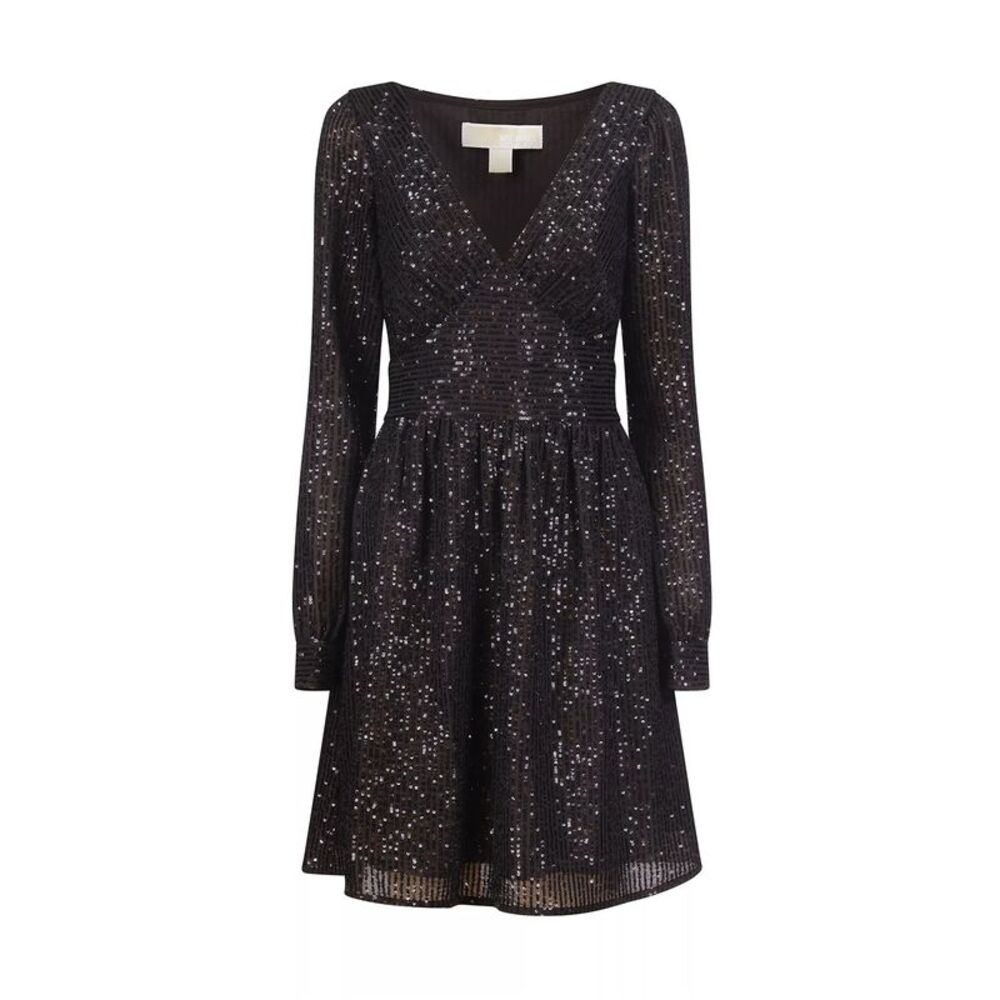 Michael Kors Womens Sequined Baby Doll Dress, Black, Petite, PXL, DM